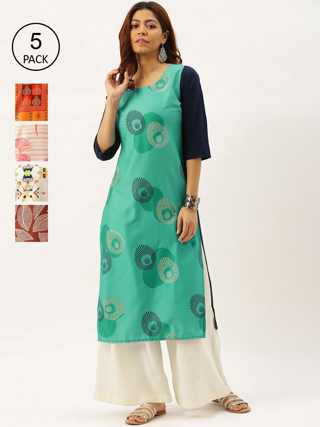 

7Threads Women Pack Of 5 Multicoloured Ethnic Motifs Printed Crepe Kurta, Multi