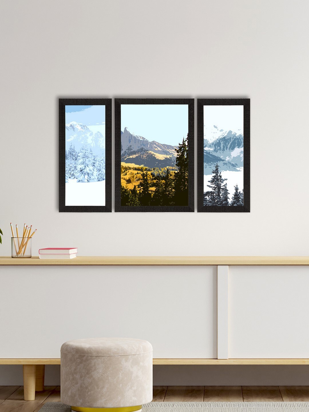 

eCraftIndia Blue & Brown Set of 3 Scenic Snow Mountains Landscape View Satin Matt Texture UV Art Painting
