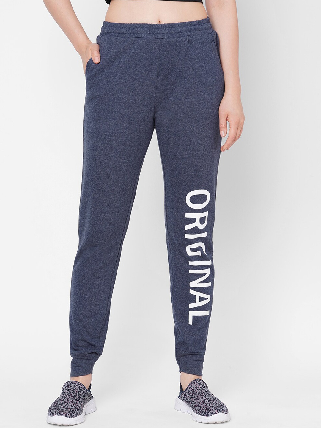 

Mystere Paris Women Navy Blue and White Printed Cotton Slim-Fit Joggers
