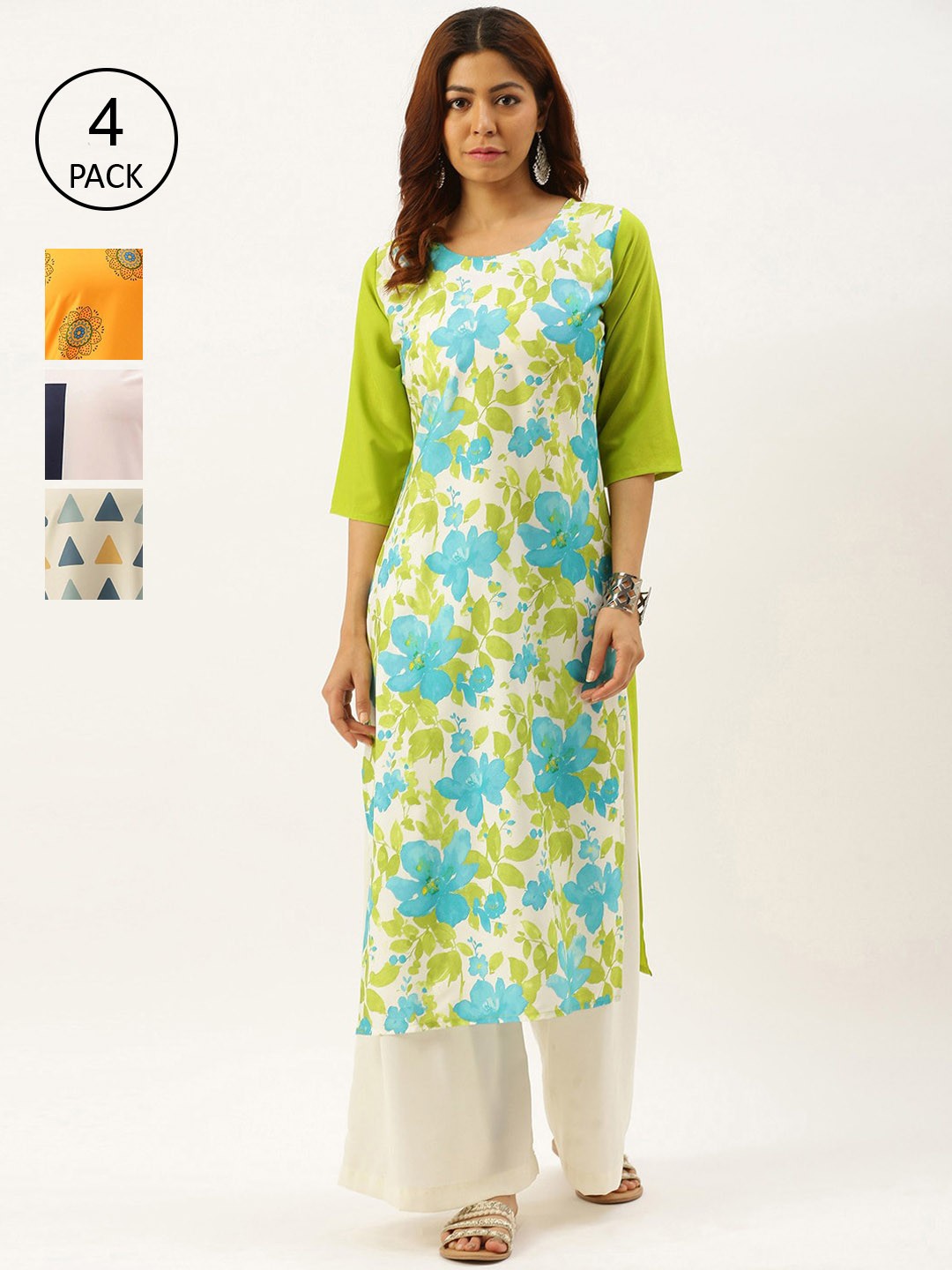 

7Threads Women Pack of 4 Multicoloured Ethnic Motifs Printed Crepe Kurta, Multi