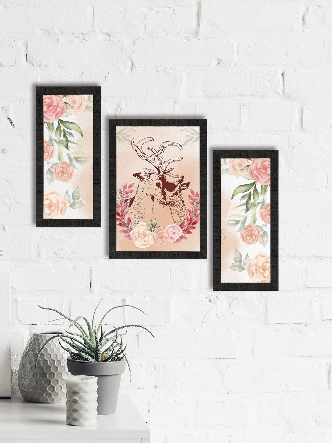

eCraftIndia Set of 3 Peach-Coloured & Green Loving Deer Couple Satin Matt Texture UV Art Painting