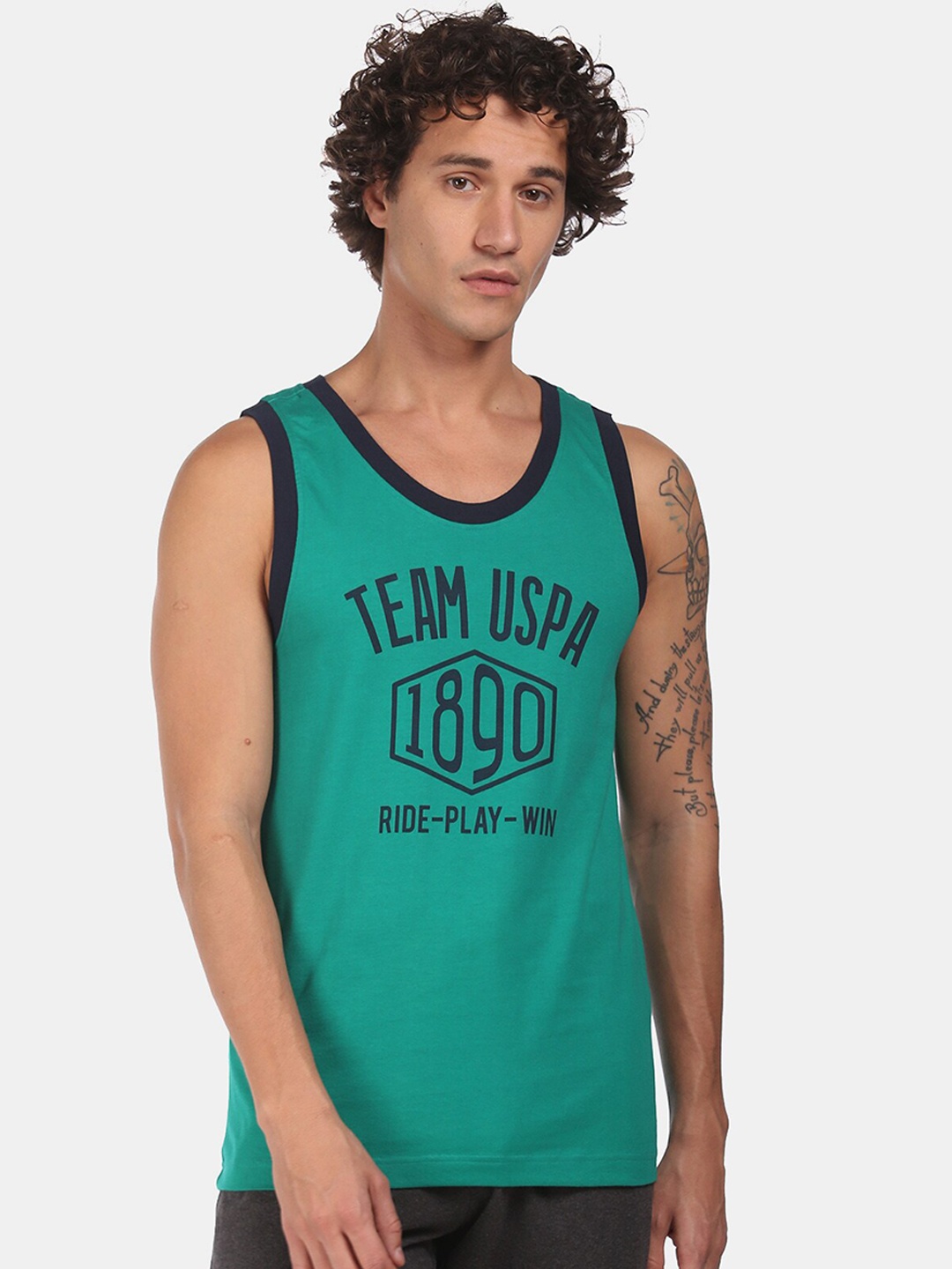 U.S. Polo Assn. Men Teal Green & Black Printed Pure Cotton Innerwear Vests IYAG-029-PL