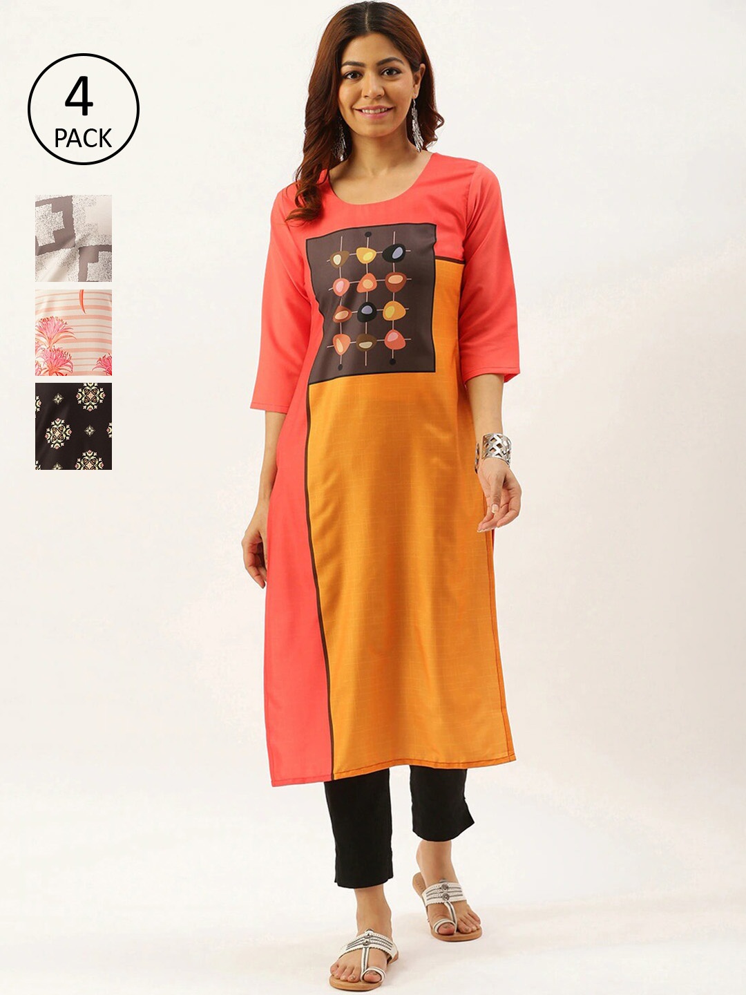 

7Threads Women Pack Of 4 Multicoloured Ethnic Motifs Printed Crepe Kurta, Multi