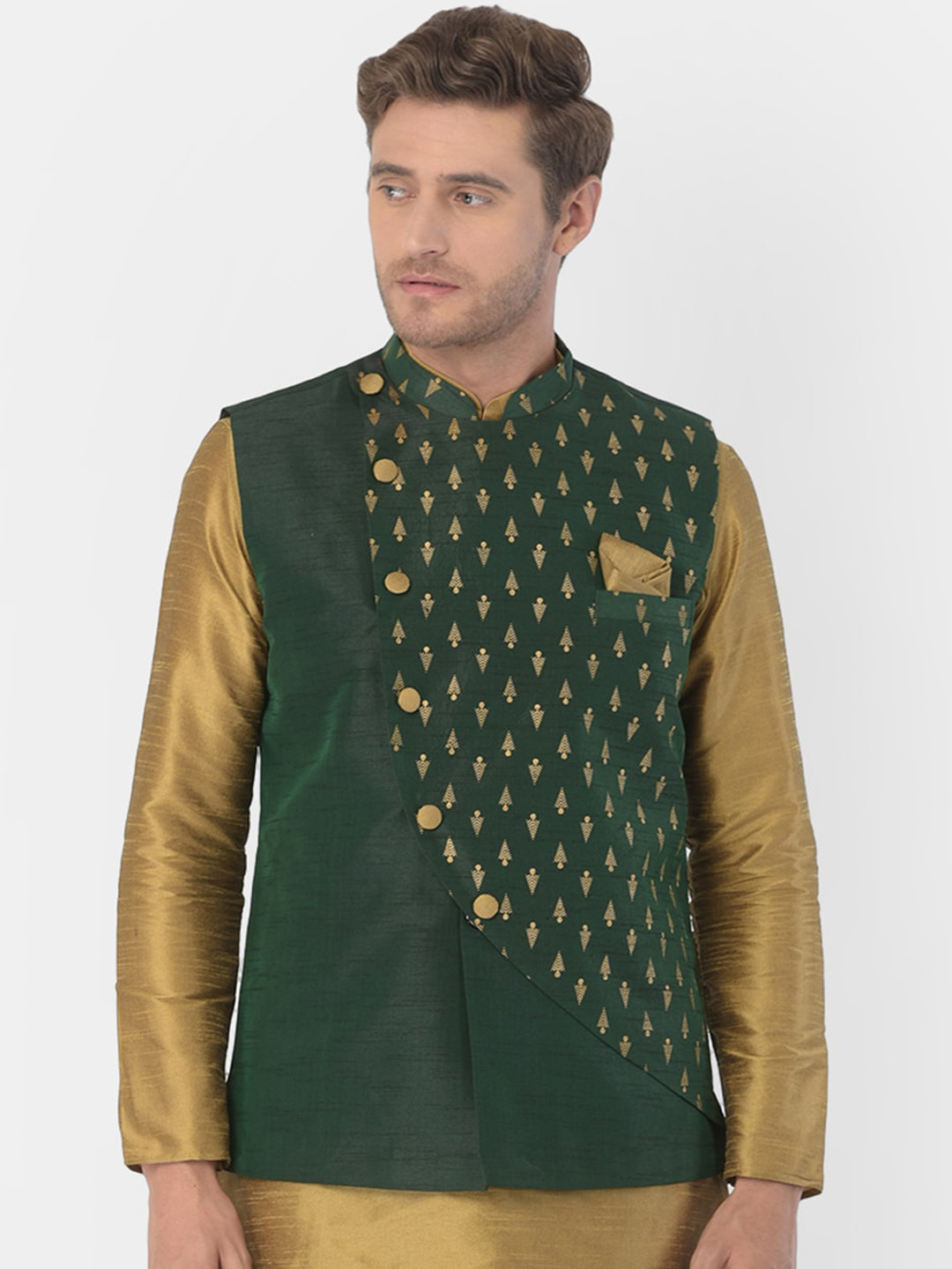 

DEYANN Men Green & Gold-Coloured Printed Woven Nehru Jacket