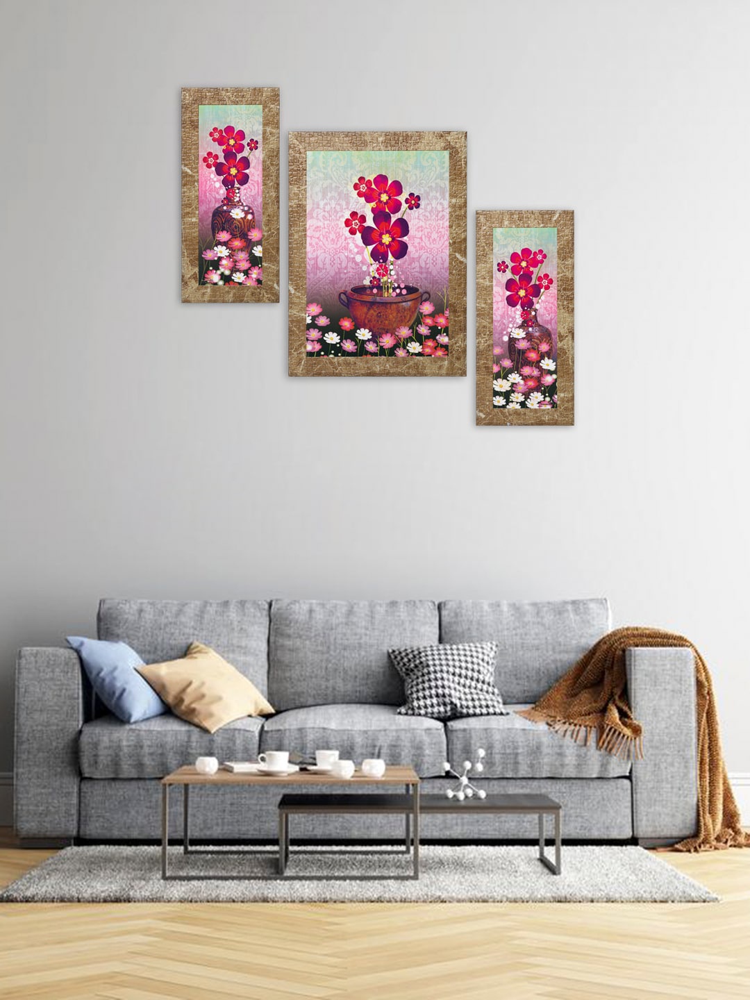 

Indianara Set of 3 Pink & Purple Flowers in Vases Framed Wall Paintings without Glass