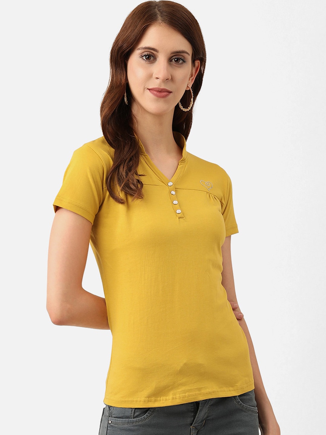 

V2 Value & Variety Yellow Mandarin Collar Chambray Regular Top