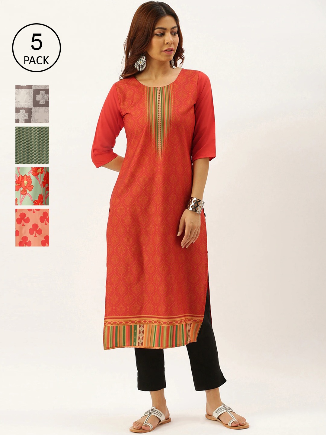 

7Threads Women Multicoloured Pack of 5 Ethnic Motifs Printed Crepe Kurta, Multi