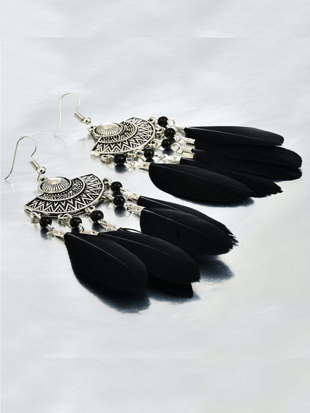 

Crunchy Fashion Black & Silver Plated Contemporary Tribal Muse Feather Drop Earrings