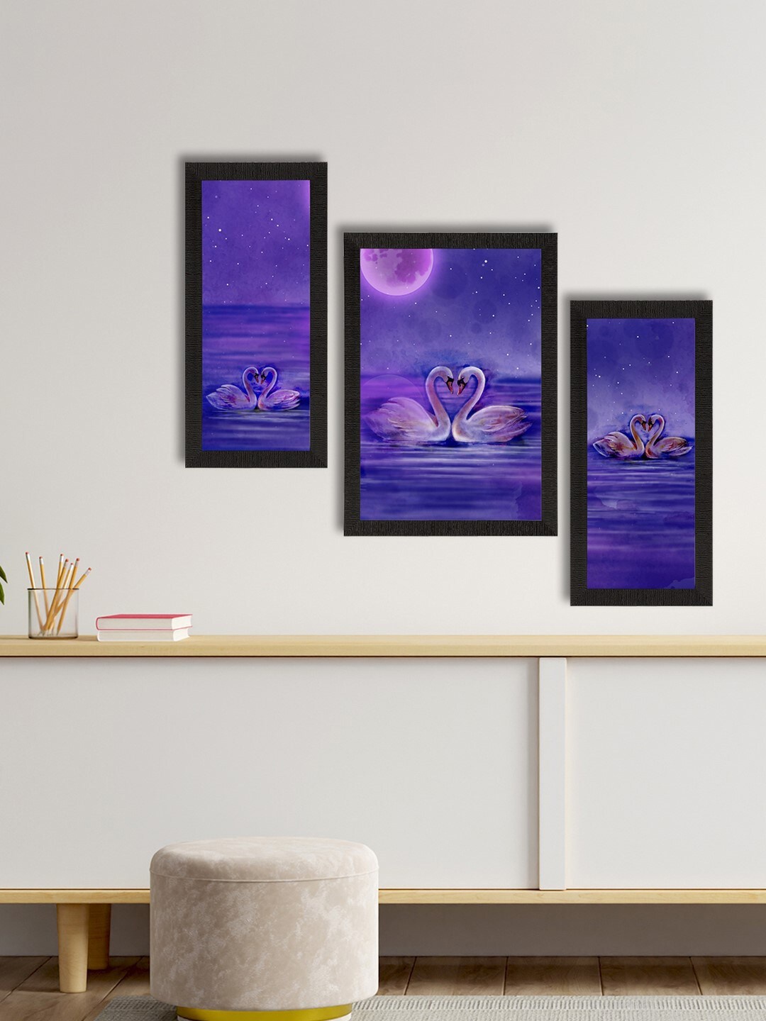 

eCraftIndia Set of 3 Purple & Black Loving Swan Couple Satin Matt Texture UV Art Painting