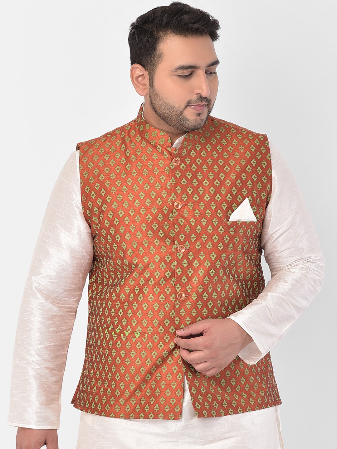 DEYANN PLUS Men Orange & Lime Green Printed Woven Nehru Jacket