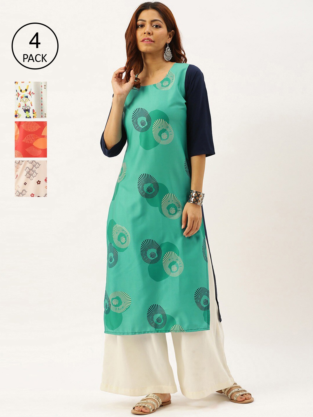 

7Threads Women Multicoloured Pack of 4 Ethnic Motifs Printed Crepe Kurta, Multi