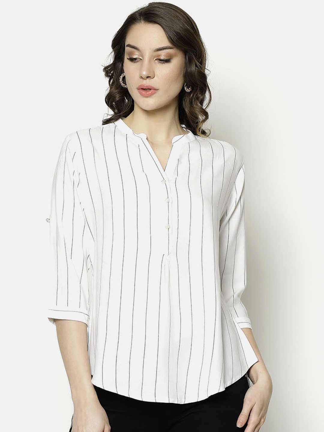 V2 Value & Variety White & Black Striped Mandarin Collar Shirt Style Top