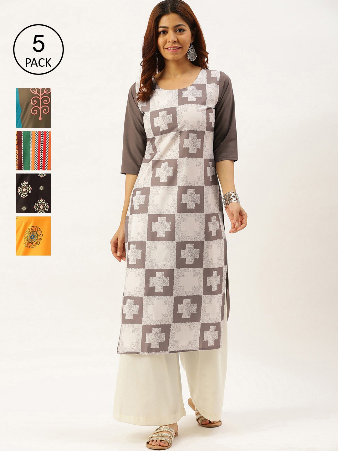 

7Threads Pack Of 5 Women Multicoloured Ethnic Motifs Printed Crepe Kurta, Multi