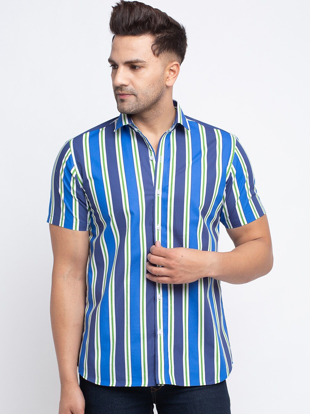 

Ennoble Men Blue & Off-White Slim Fit Striped Casual Shirt