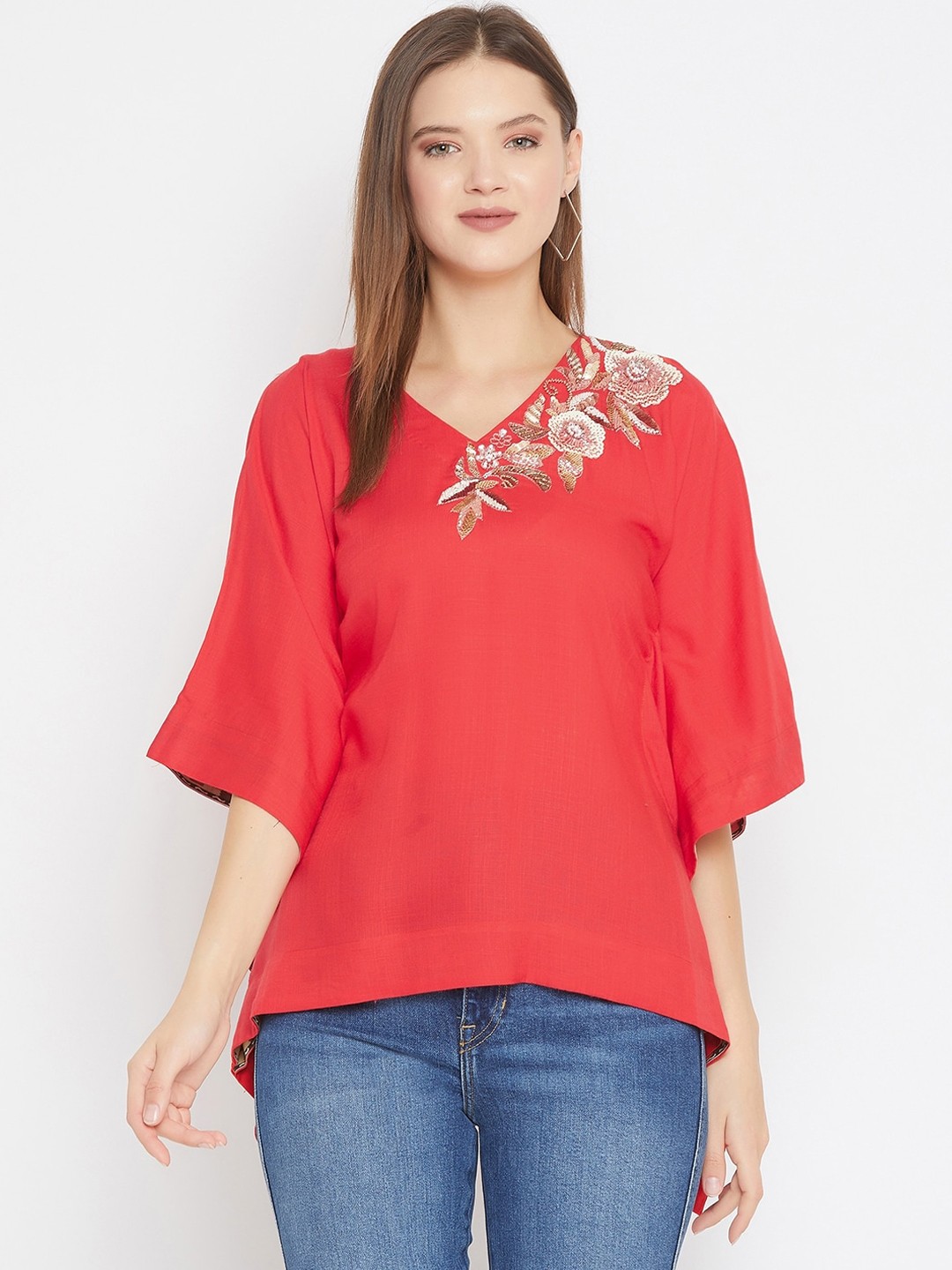

The Kaftan Company Red Floral Hand Embroidered Kaftan Top
