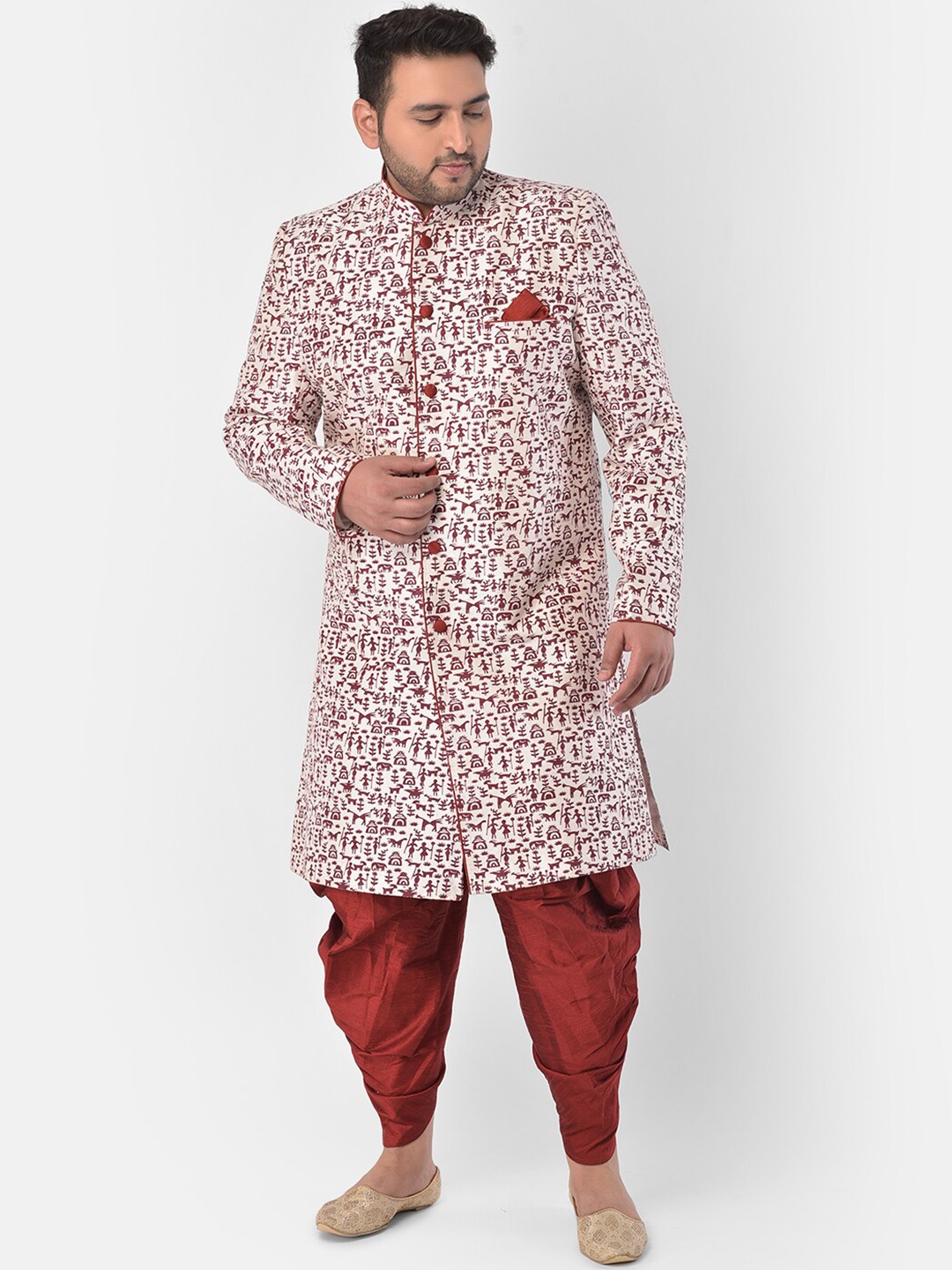 

DEYANN PLUS Men Off White & Red Printed Sherwani Set