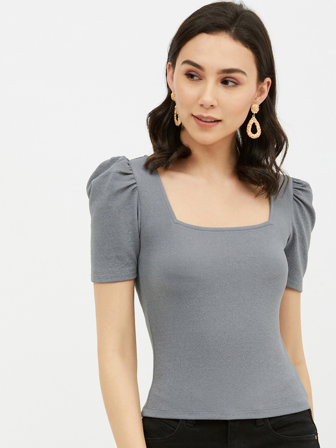 

Harpa Grey Fitted Puff Sleeve Top