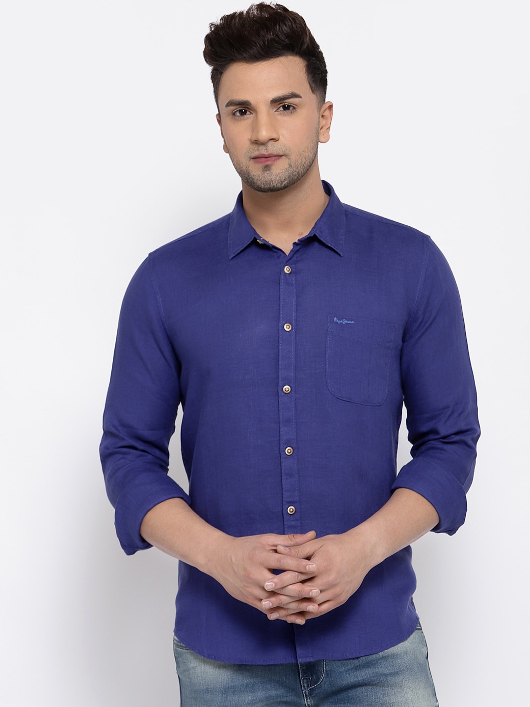 

Pepe Jeans Men Blue Pure Linen Solid Casual Shirt
