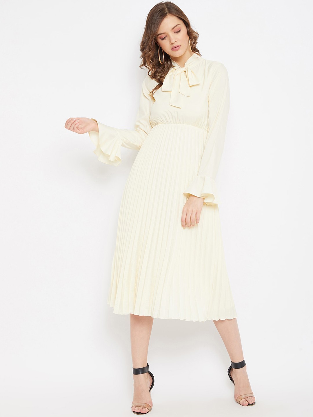 

THE SILHOUETTE STORE Women Cream-Coloured Striped Fit and Flare Dress