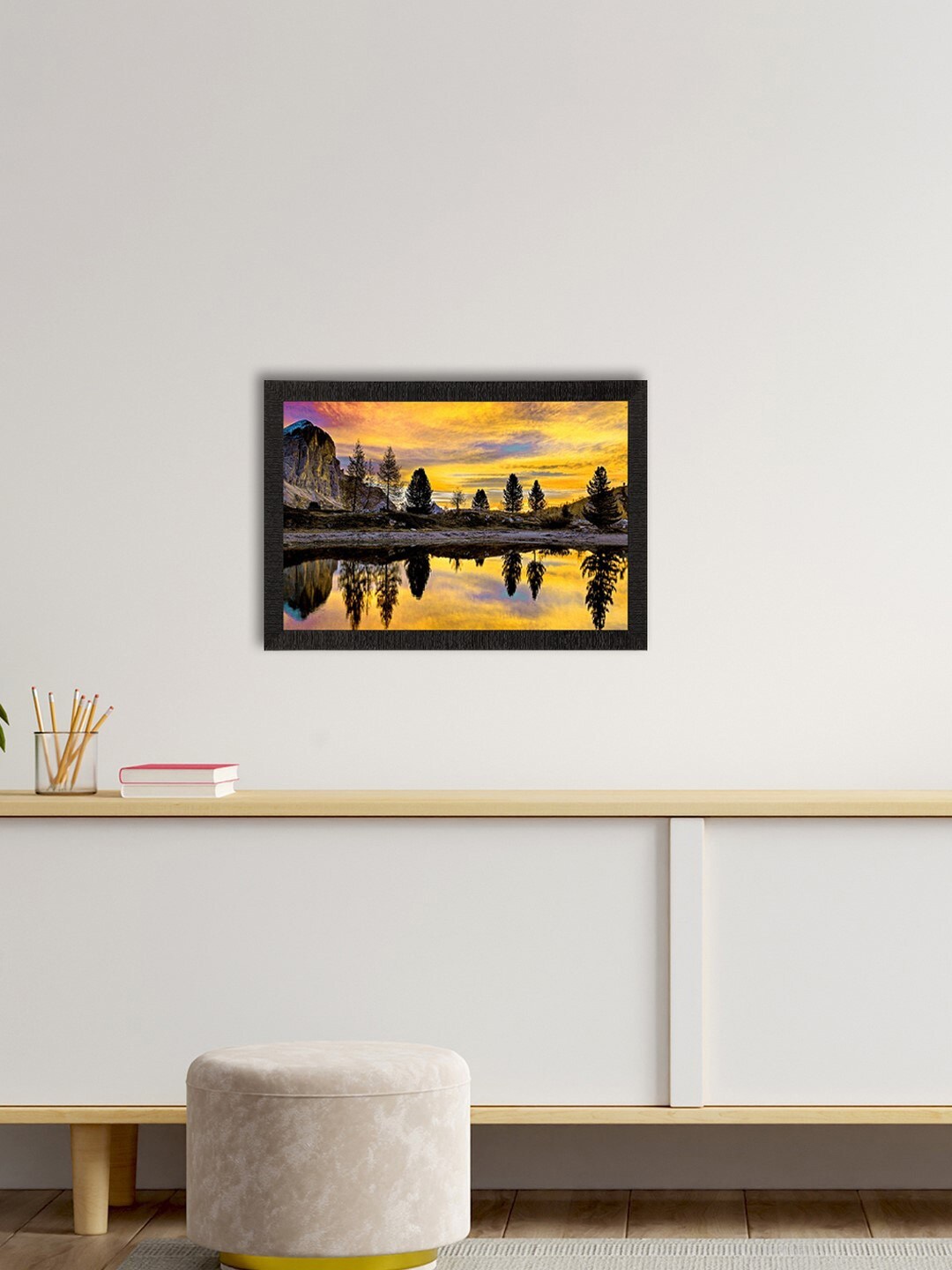 

eCraftIndia Yellow & Black Scenic Lake Side View Wall Art
