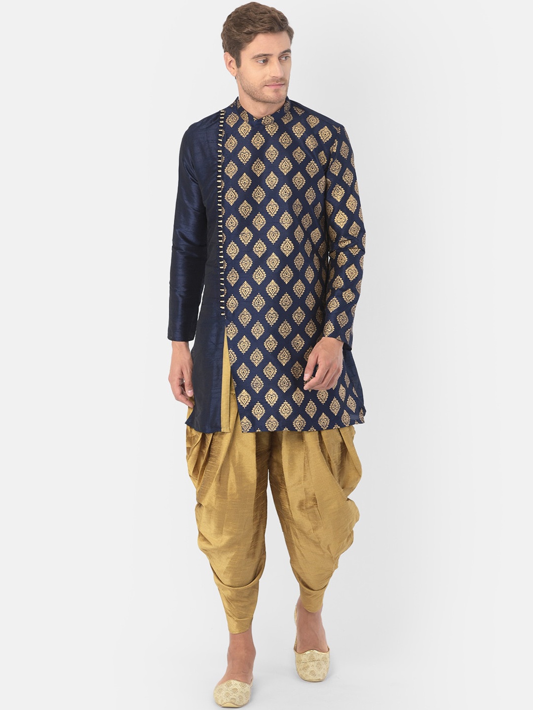 DEYANN Men Navy Blue & Gold-Toned Woven Design Kurta with Patiala