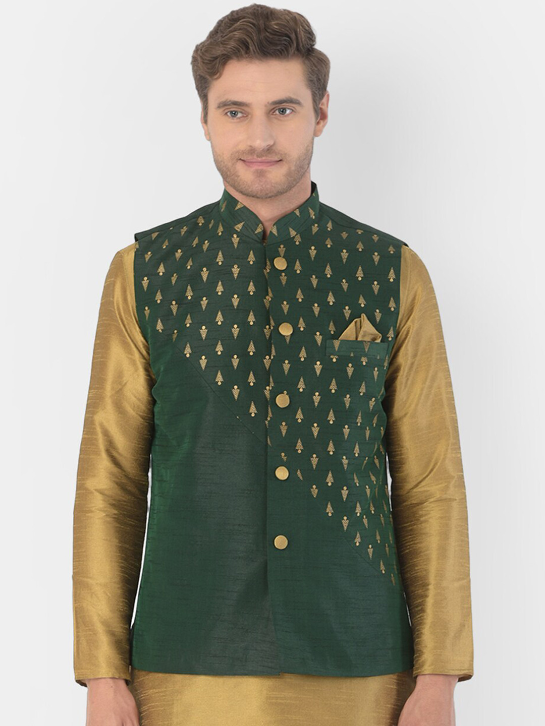 

DEYANN Men Green & Gold-Coloured Woven Design Nehru Jacket