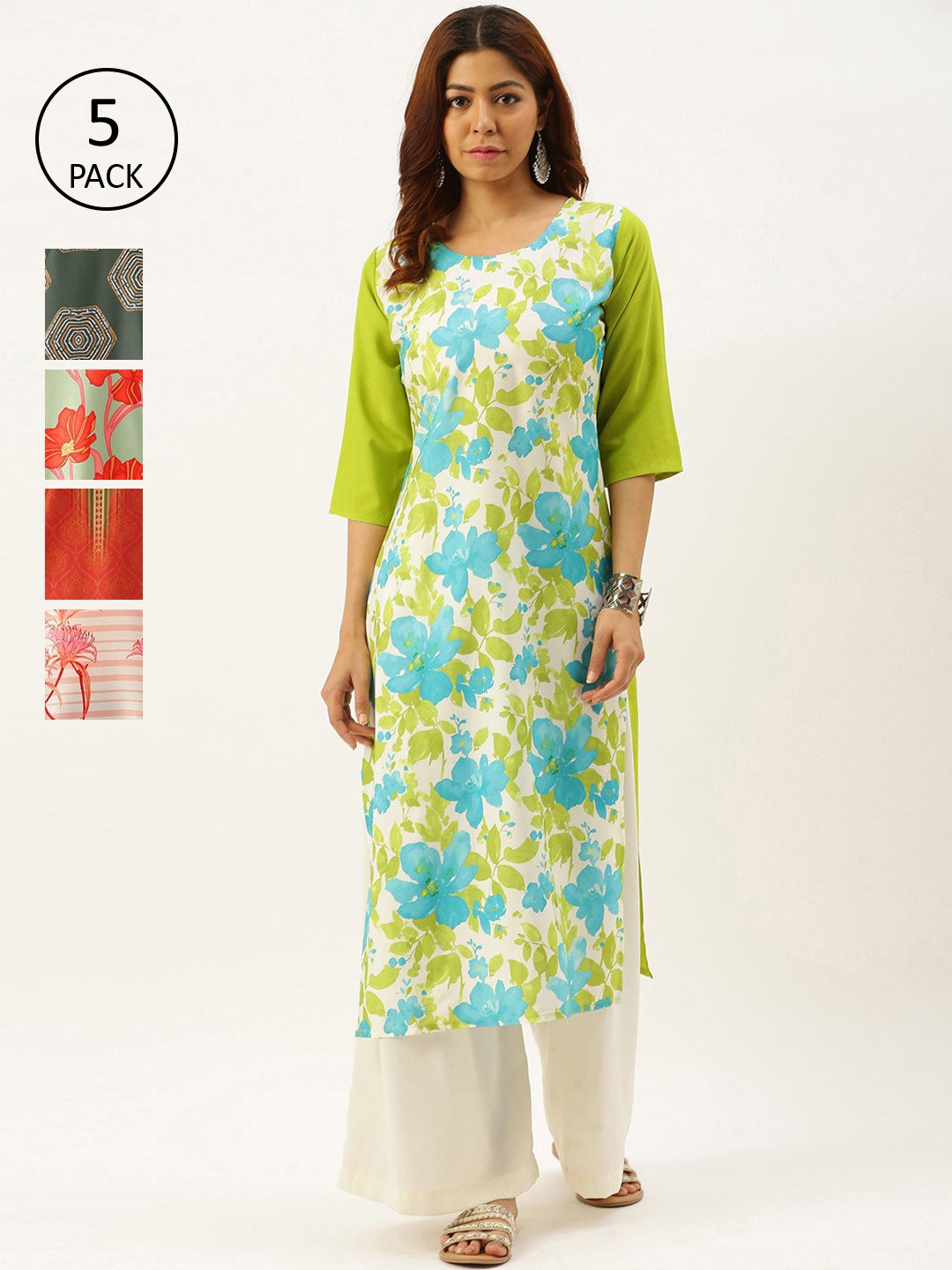 

7Threads Women Pack of 5 Multicoloured Ethnic Motifs Printed Crepe Kurta, Multi