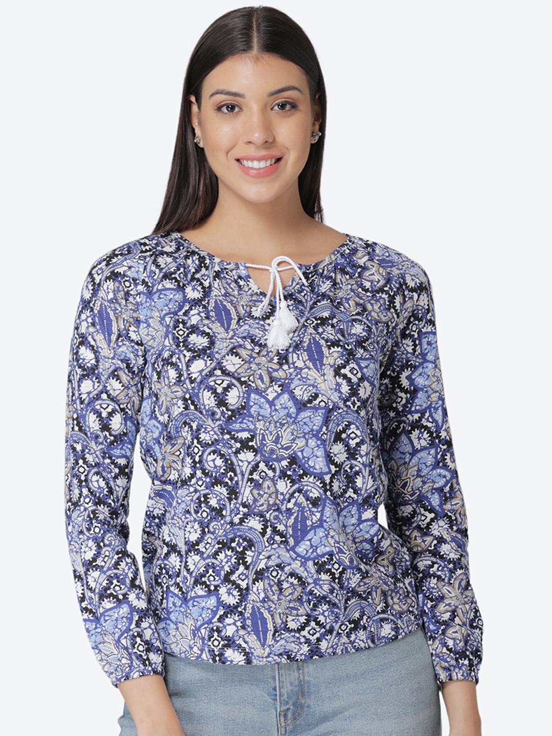 

Mode by Red Tape Blue Printed Tie-Up Neck Pure Cotton Regular Top