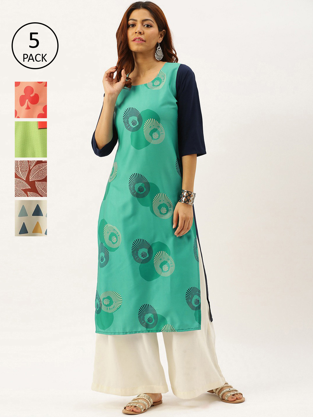 

7Threads Women Pack of 5 Green & White Printed Crepe Kurta