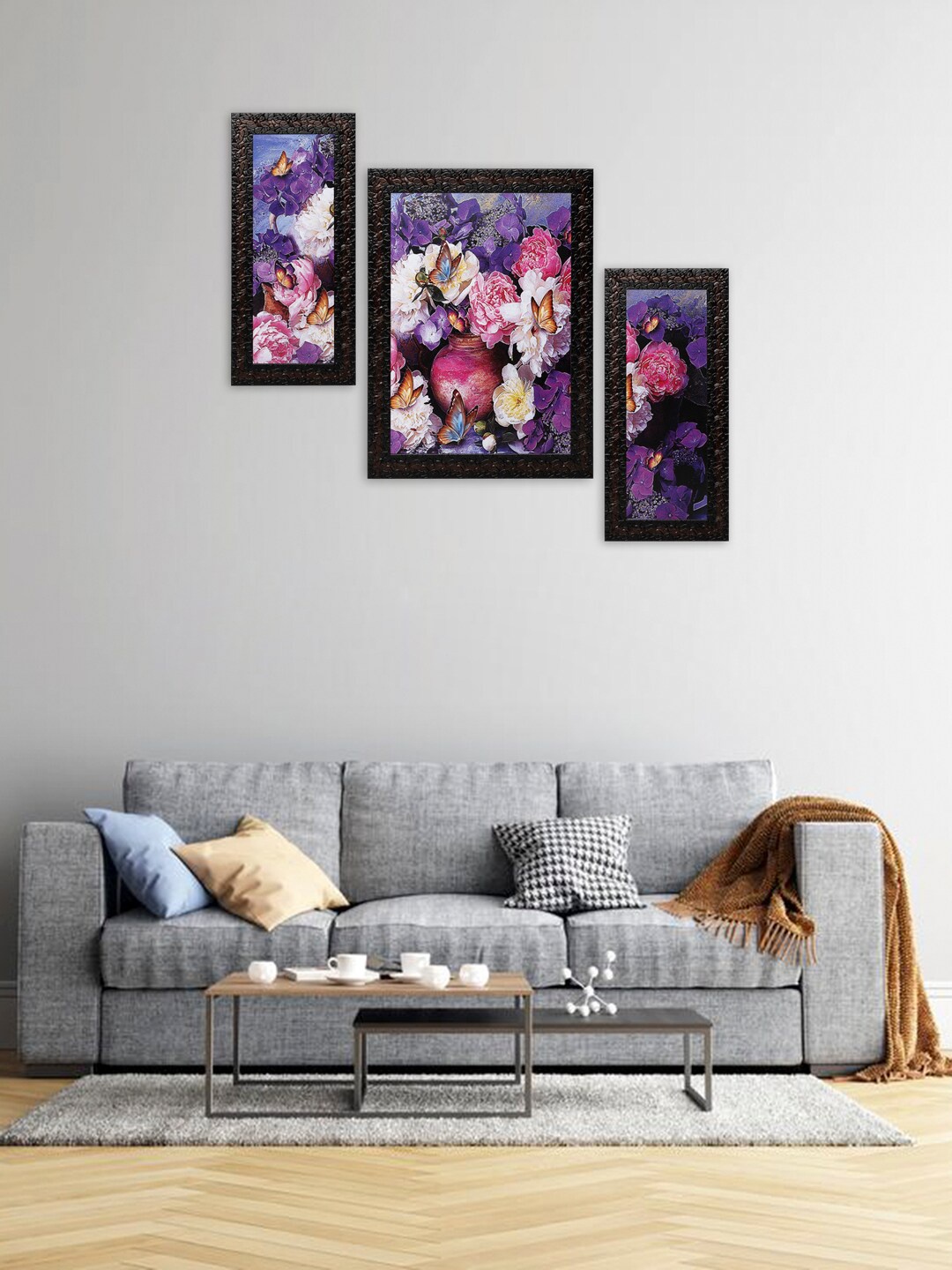 

Indianara Set of 3 Purple & Pink Flowers in Vases Framed Wall Paintings without Glass