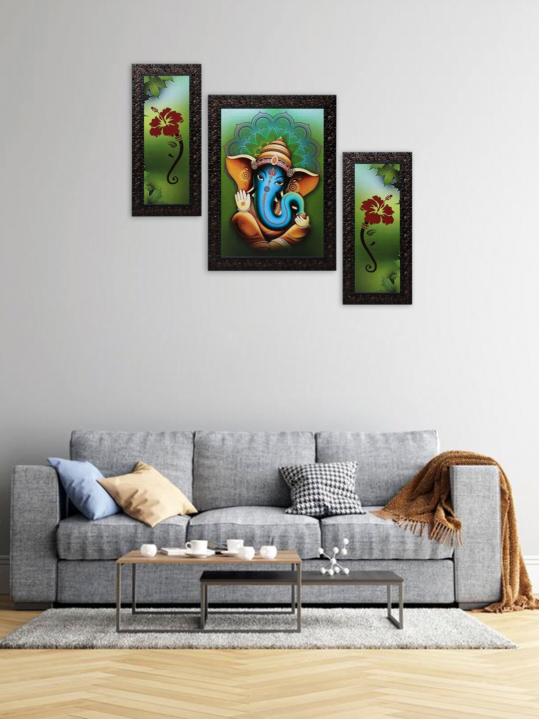 

Indianara Set Of 3 Green & Blue Ganesha Framed Art Prints Without Glass