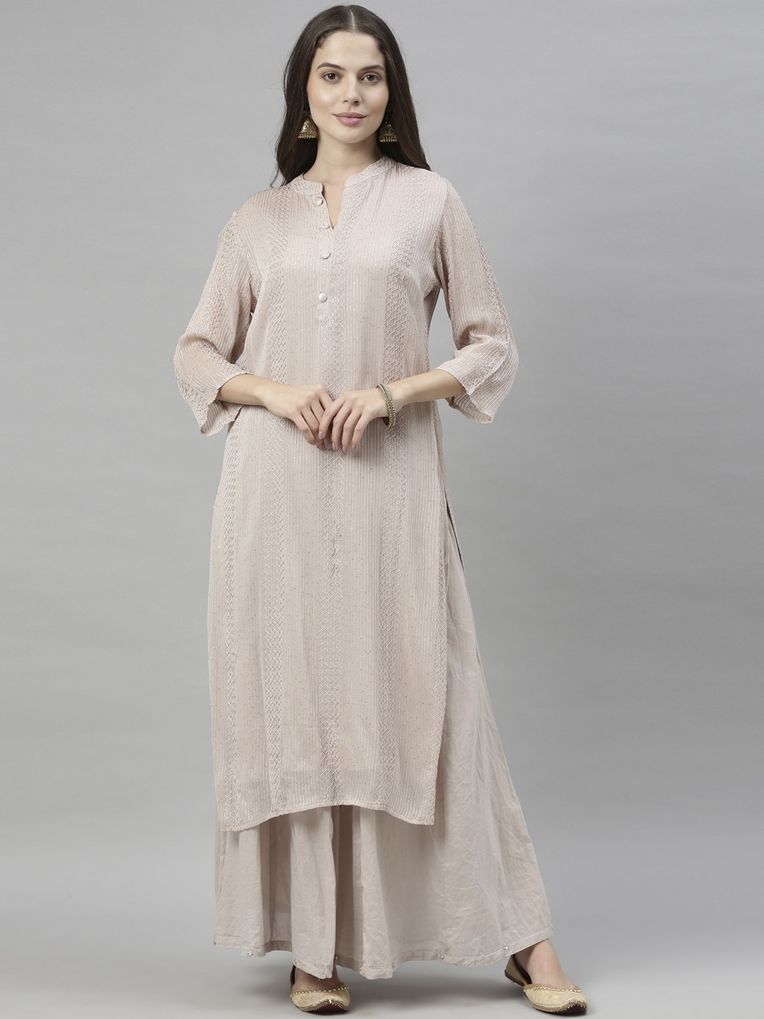

Neerus Women Beige Embroidered Kurta with Sharara