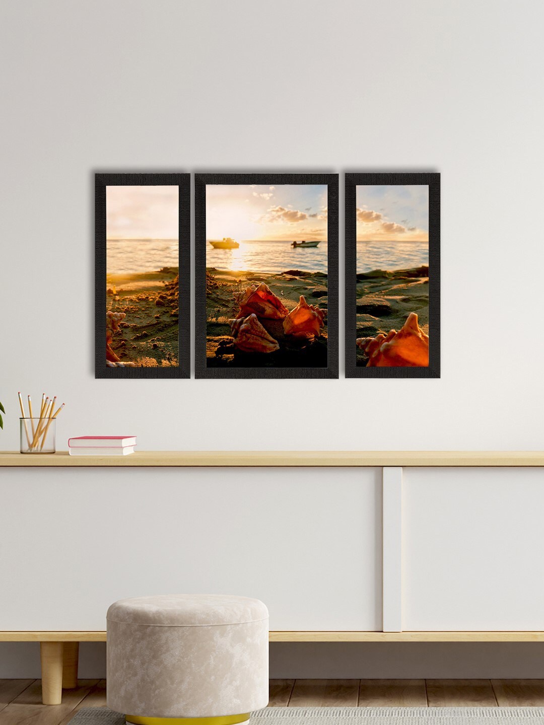 

eCraftIndia Set of 3 Beautiful Beach View Satin Matte Texture Wall Art, Brown