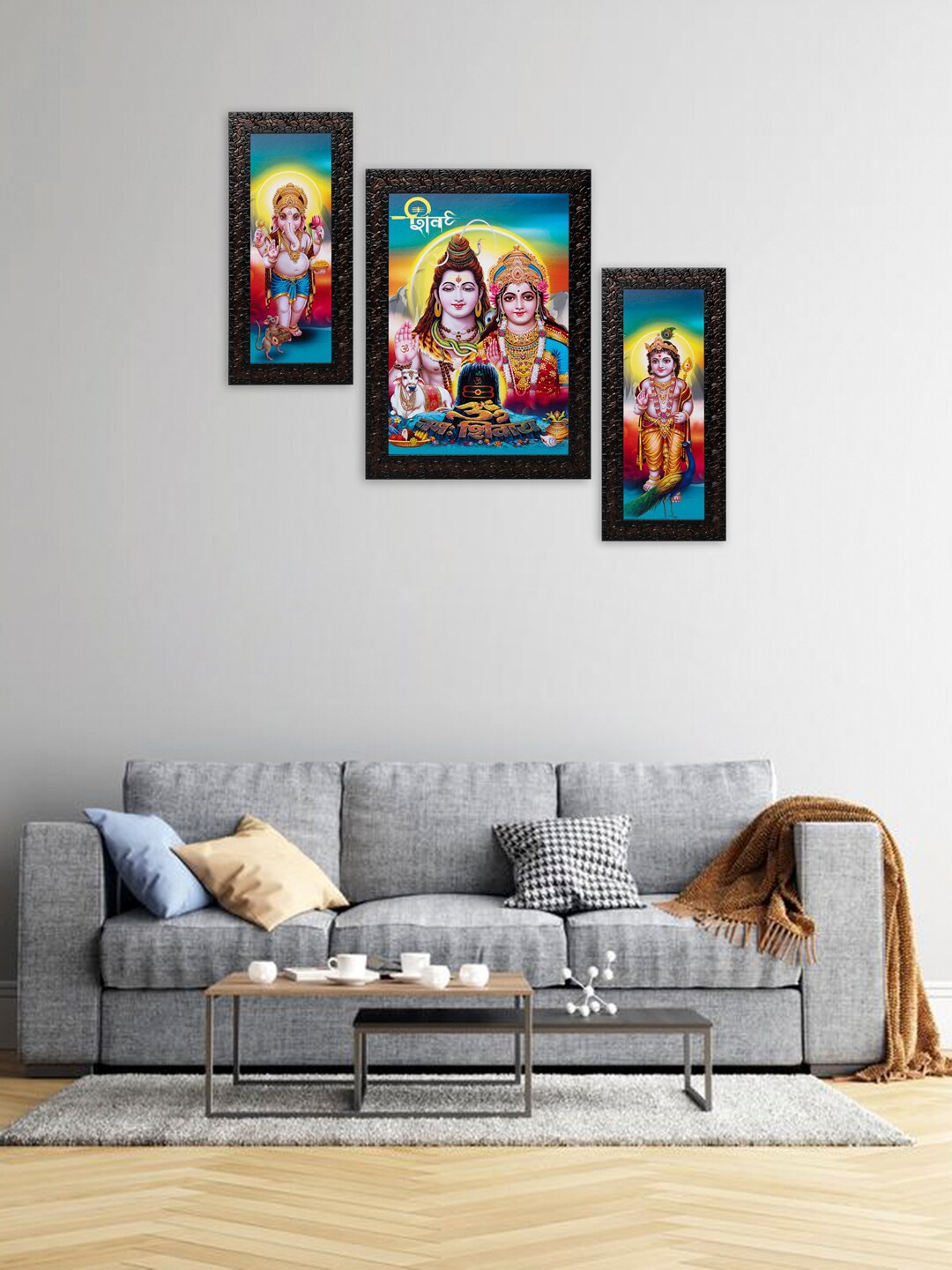 

Indianara Set of 3 Multicoloured Shiv Pariwar Framed Wall Paintings without Glass, Multi