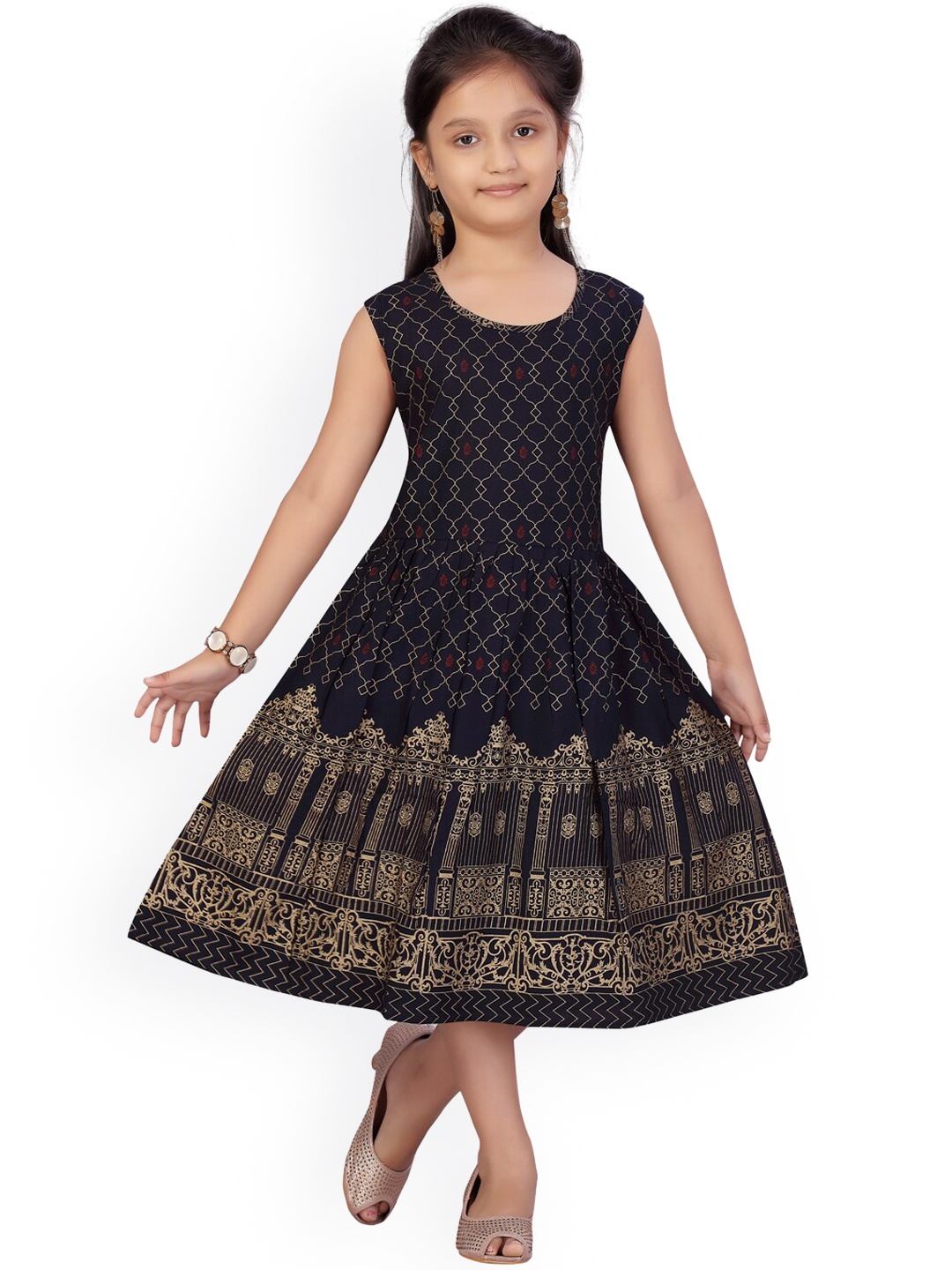 

Aarika Girls Navy Blue & Golden Printed A-Line Dress