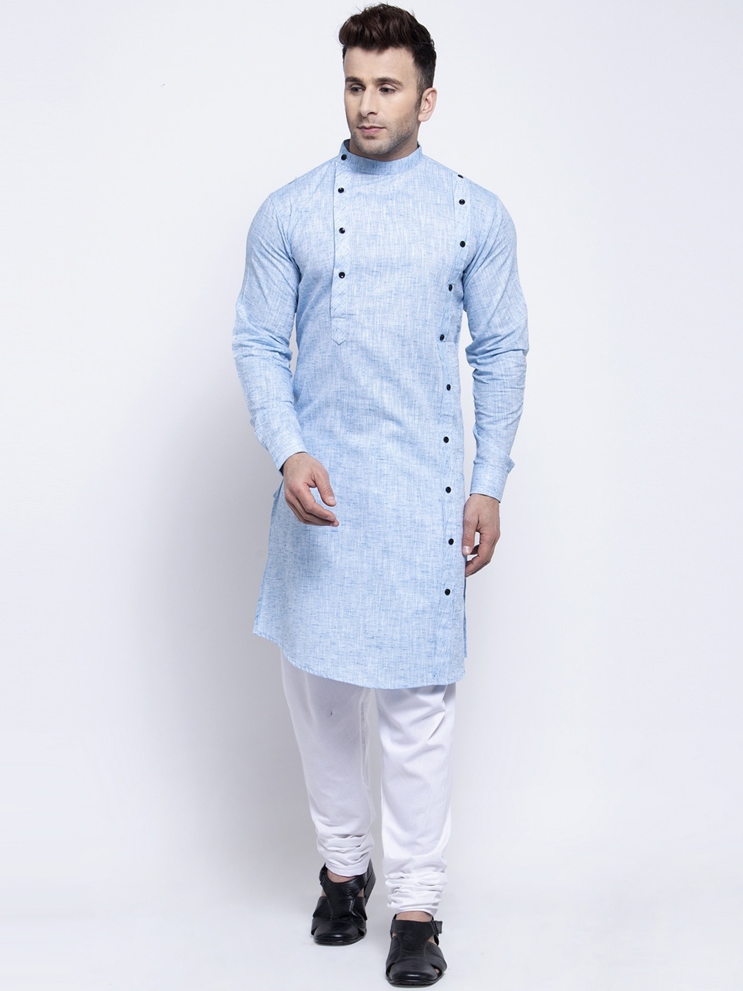 

KLOTTHE Men Blue & White Self Design Kurta with Churidar Pyjamas