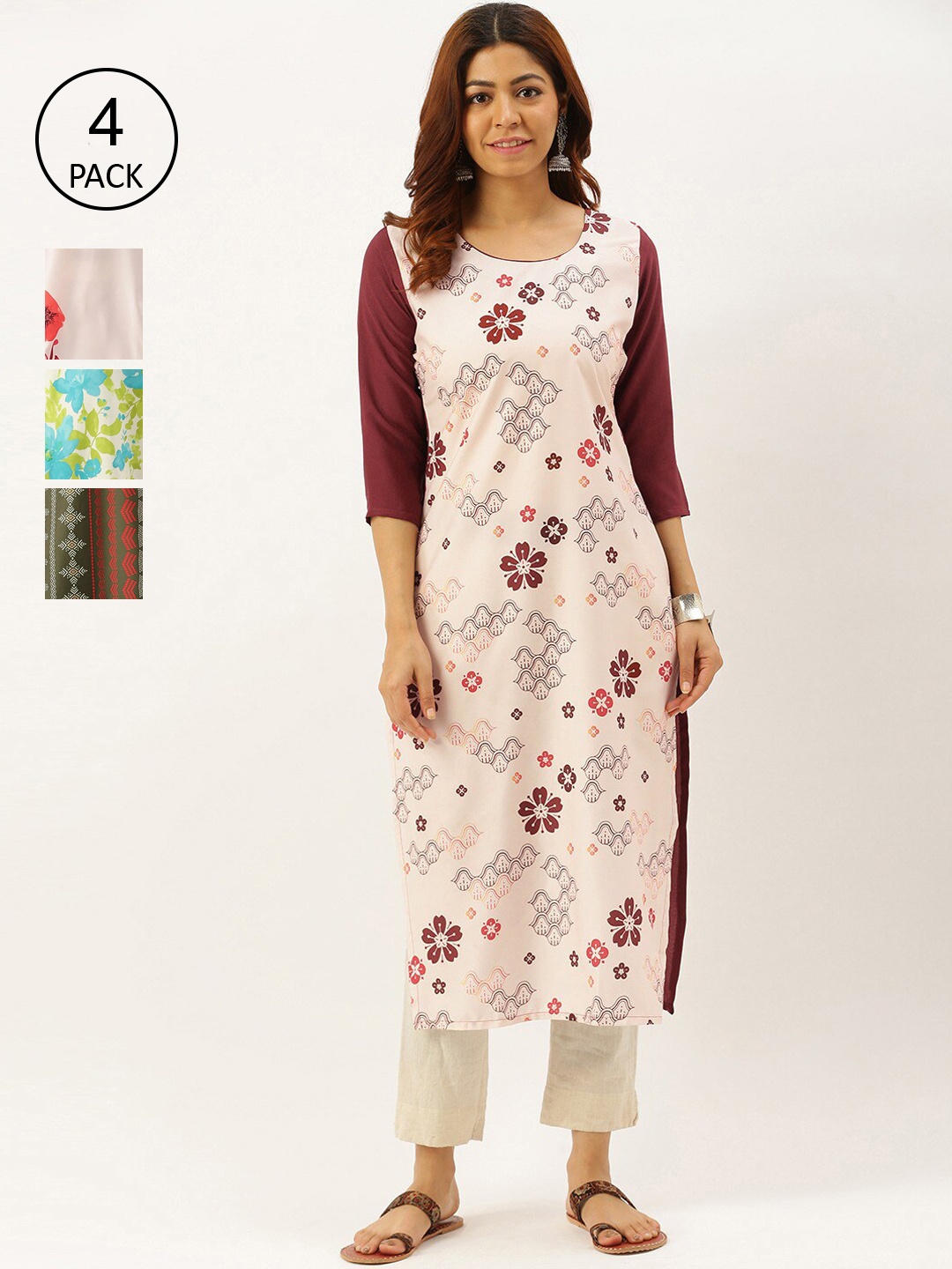 

7Threads Women Pack of 4 Multicoloured Floral Printed Crepe Kurta, Multi