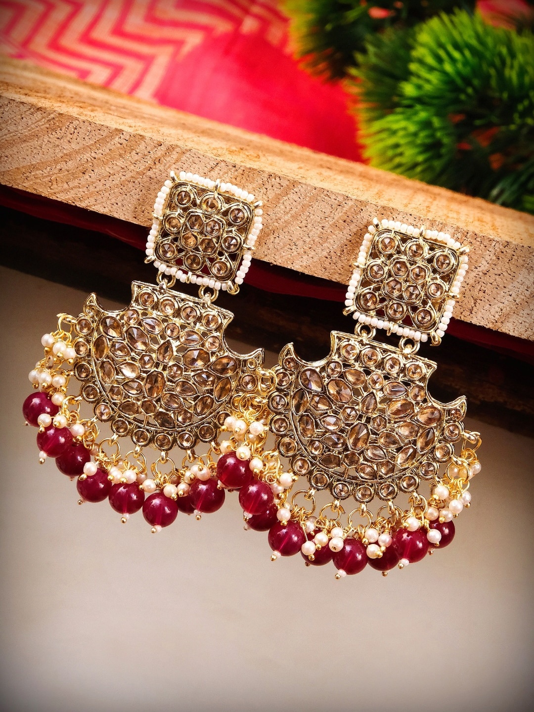 

Crunchy Fashion Maroon & Gold Plated Classic Pearl Chandbalis