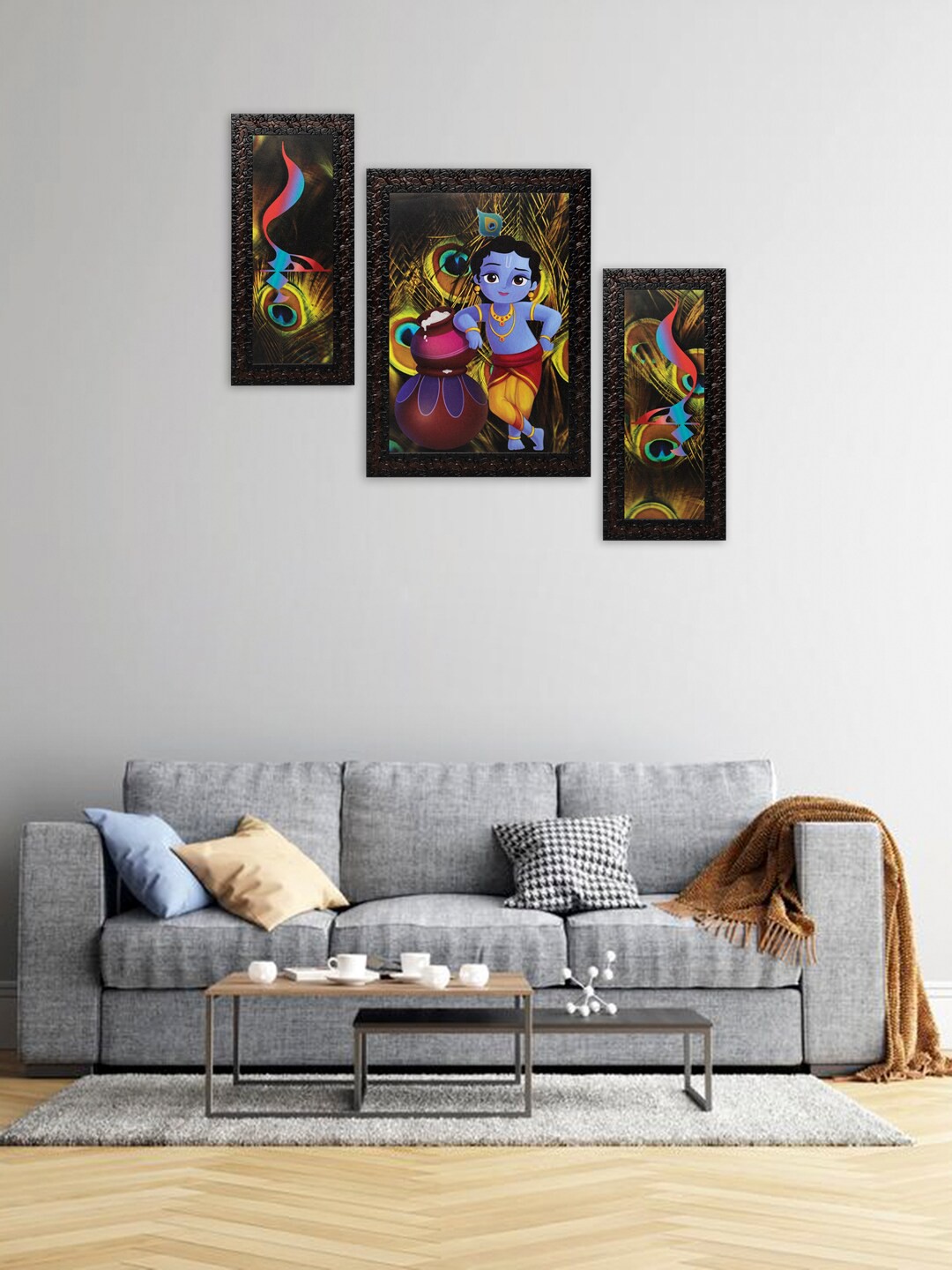 

Indianara Set Of 3 Black & Green Bal Krishna Framed Wall Arts Without Glass