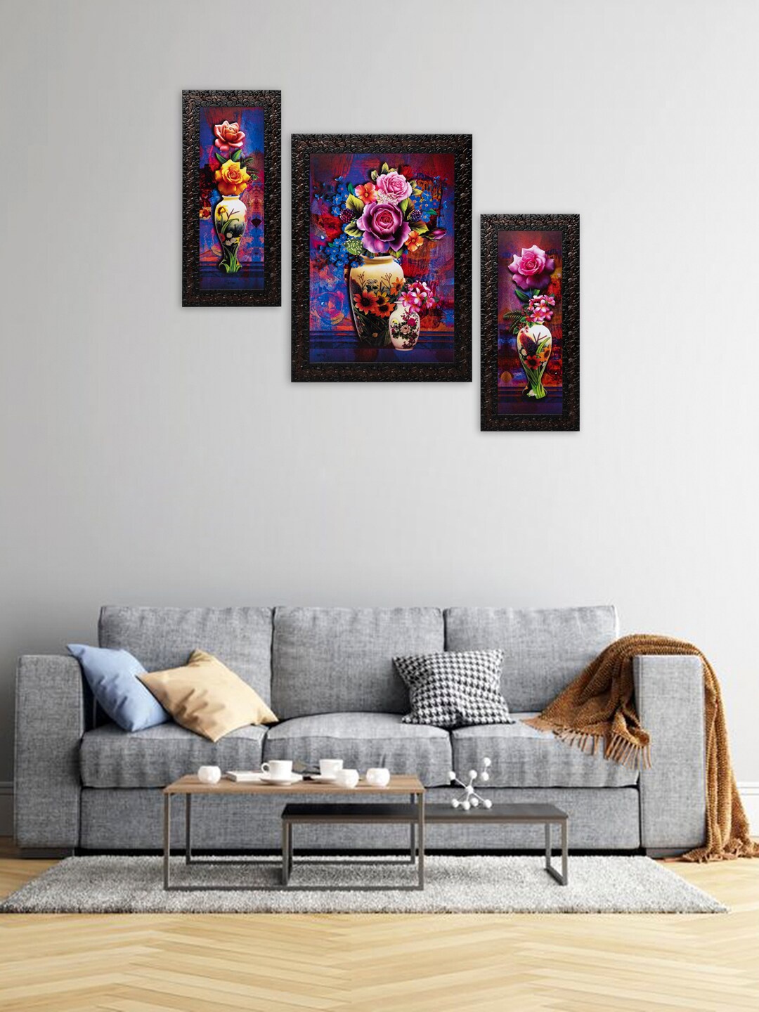 

Indianara Set Of 3 Red & Blue Flowers In Vases Framed Wall Arts