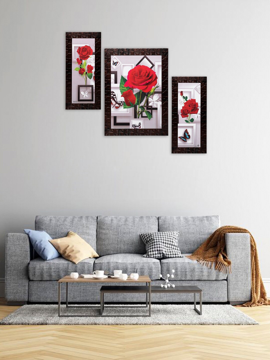 Indianara Set of 3 Red & White Flowers in Vases Framed Wall Paintings without Glass