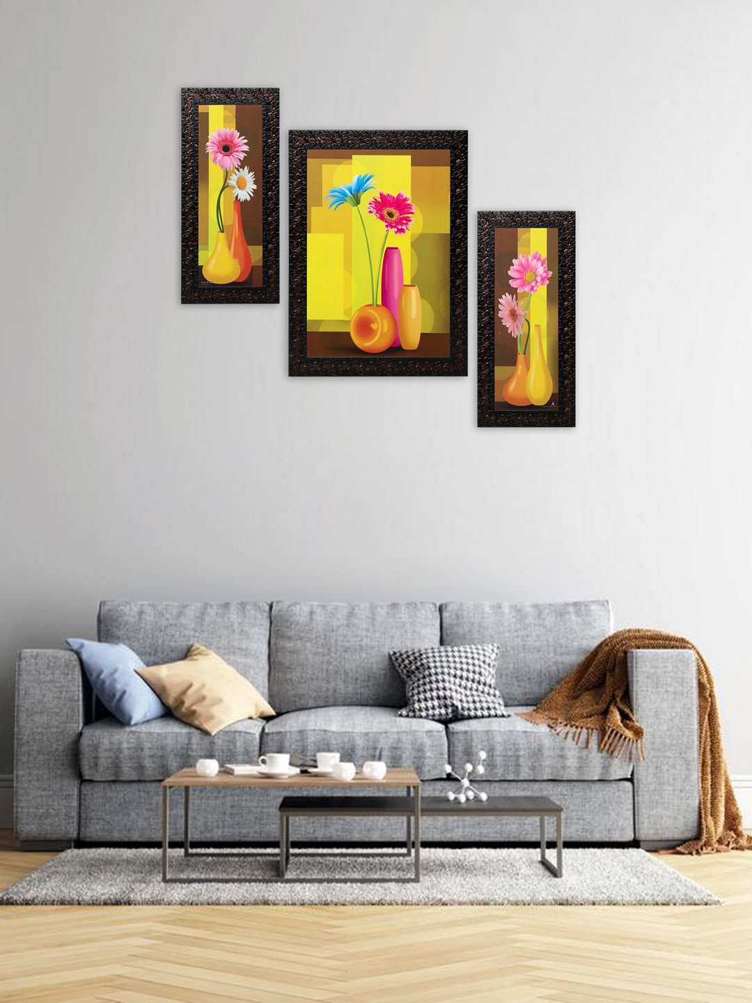 

Indianara Set of 3 Yellow & Pink Flowers in Vases Framed Wall Paintings without Glass