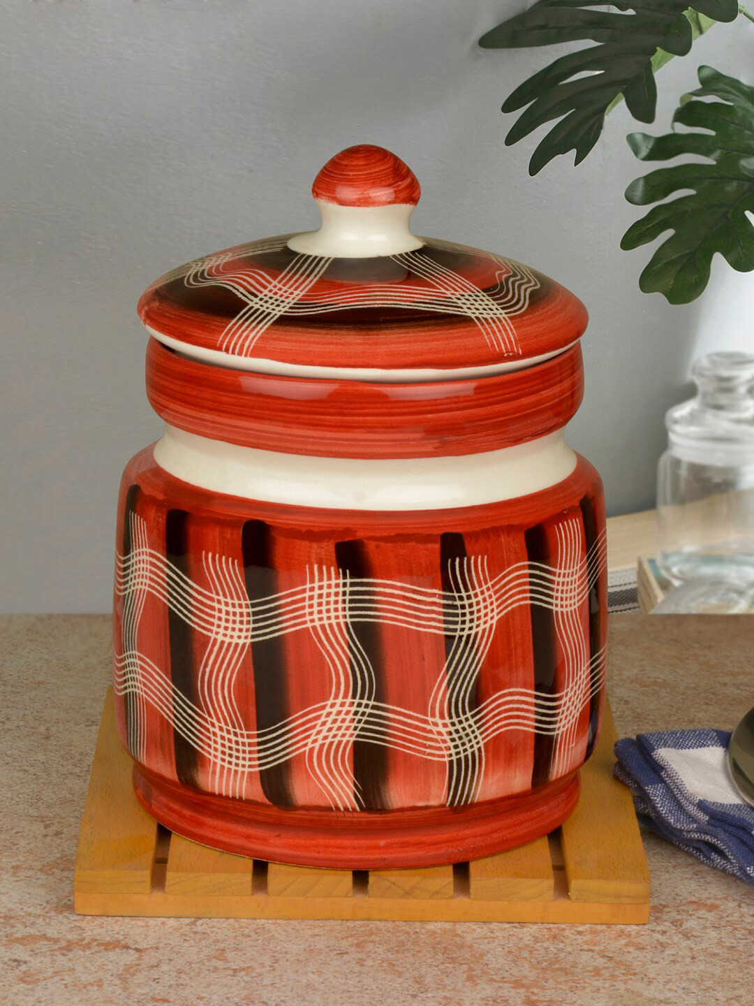 

StyleMyWay Rust Orange & Black Hand-Painted Ceramic Jar With Lid