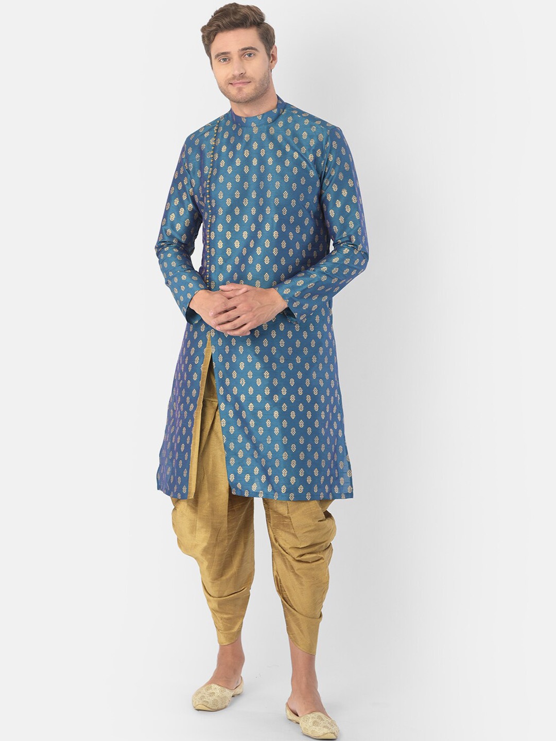 

DEYANN Men Blue & Gold-Toned Printed Kurta with Dhoti Pants