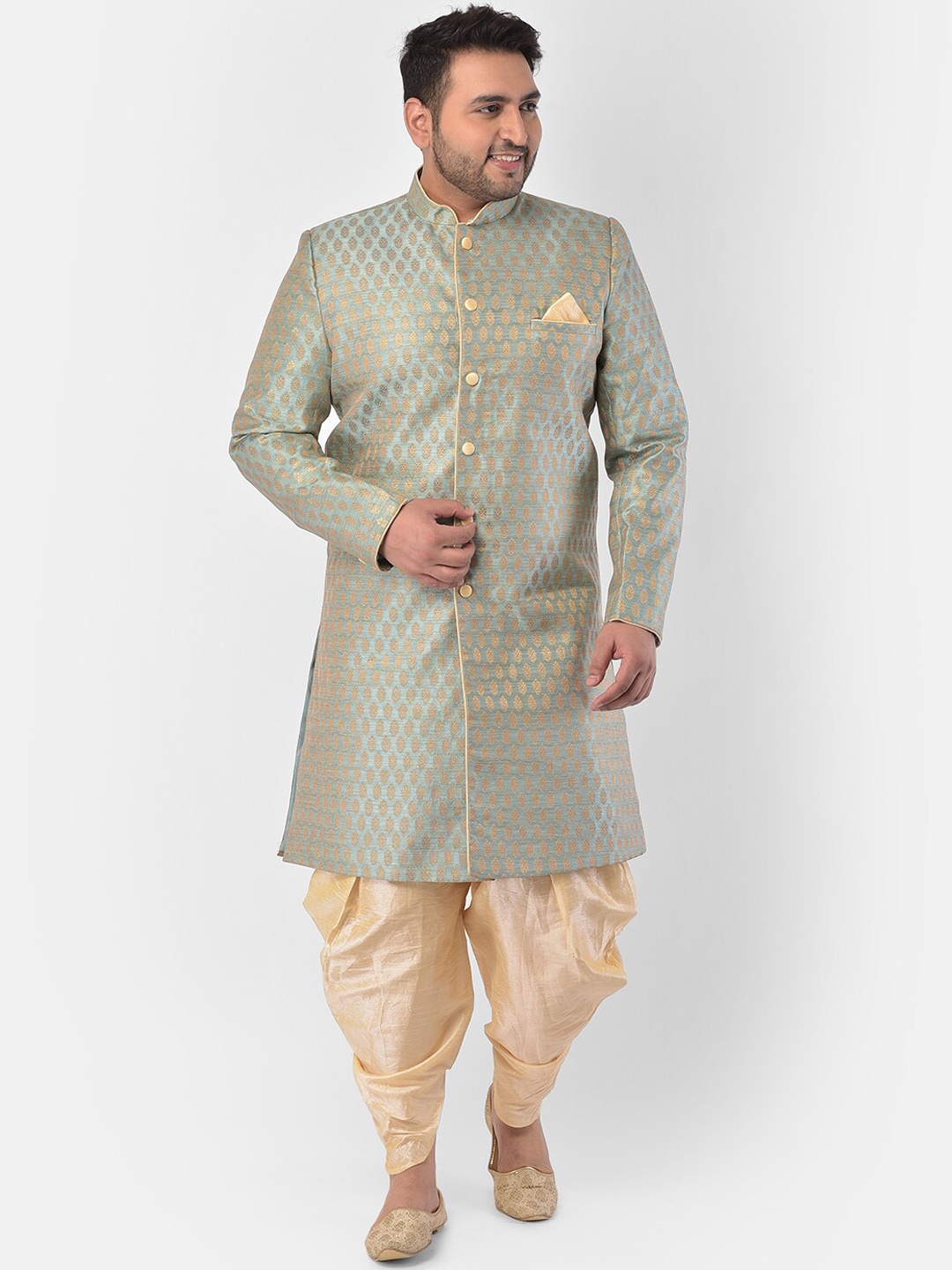 

DEYANN PLUS Men Blue & Cream-Coloured Printed Woven Sherwani Set
