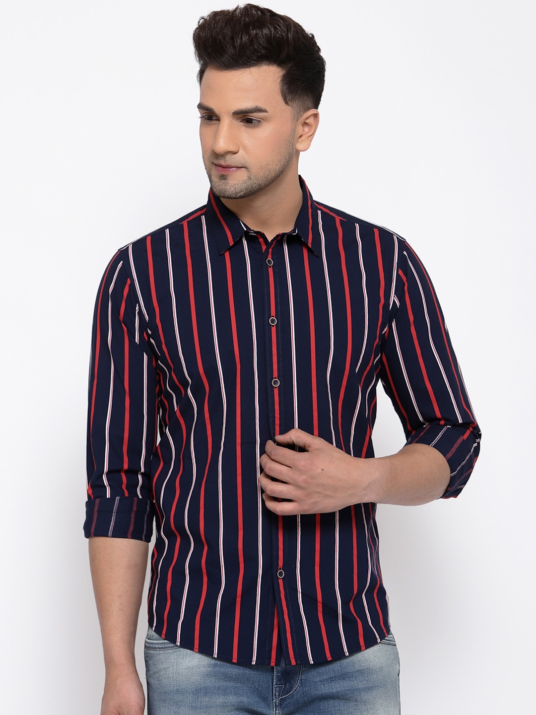 

Pepe Jeans Men Navy Blue & Off-White Pure Cotton Striped Casual Shirt