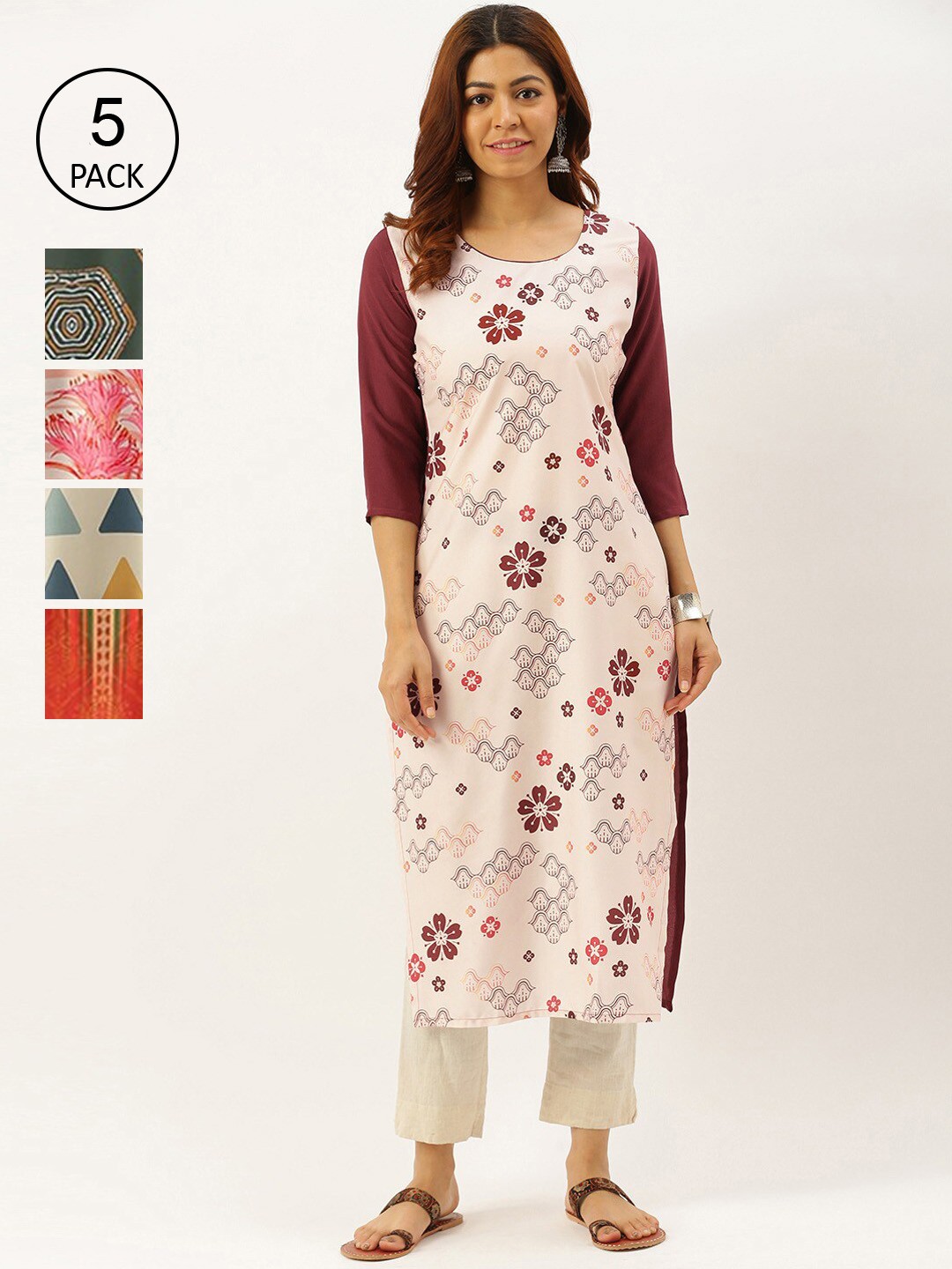 

7Threads Women Pack Of 5 Multicoloured Quirky Printed Crepe Kurta, Multi