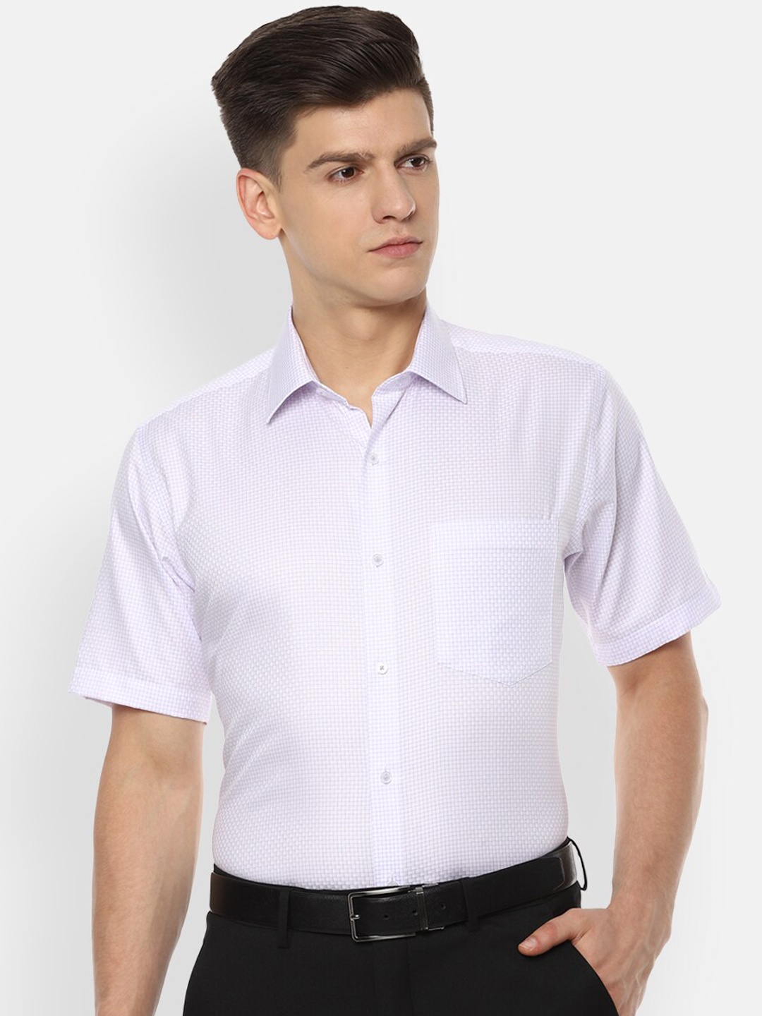 Van Heusen Men White & Purple Pure Cotton Regular Fit Checked Formal Shirt