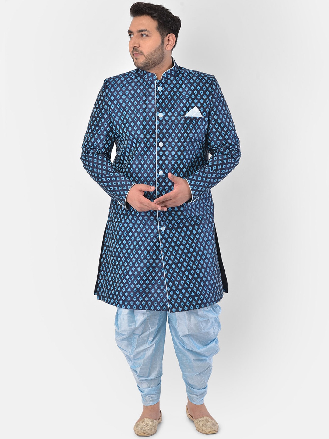 

DEYANN PLUS Men Navy Blue Printed Sherwani Set