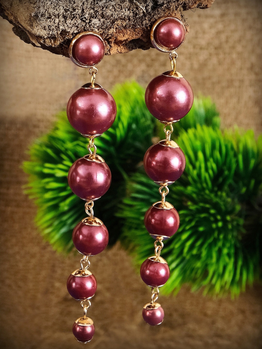 

Crunchy Fashion Maroon & Gold plated Pearl Drop Earrings